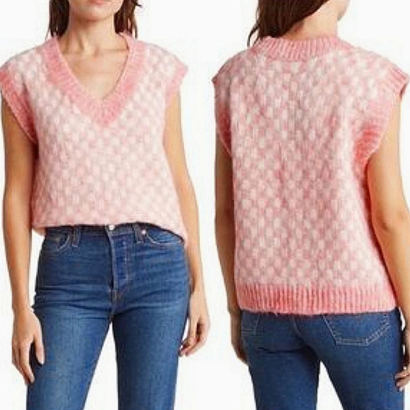 FRNCH Maiva Sweater vest. Pink/white checkered. Size small - Picture 1 of 13